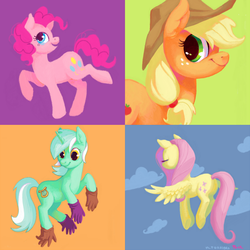 Size: 838x837 | Tagged: safe, artist:purmu, applejack, fluttershy, lyra heartstrings, pinkie pie, g4, gloves