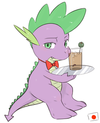 Size: 700x860 | Tagged: safe, artist:japananon, artist:昔の傷口, spike, g4, alcohol, bowtie, drink, japanese, solo, waiter, whiskey