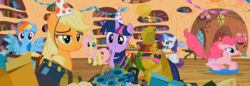 Size: 1920x662 | Tagged: safe, screencap, applejack, fluttershy, pinkie pie, rainbow dash, rarity, twilight sparkle, g4, secret of my excess, female, hat, party hat, party horn