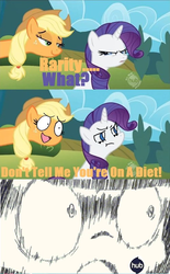 Size: 500x807 | Tagged: safe, edit, edited screencap, screencap, applejack, rarity, g4, the return of harmony, comic, dieto, duo, hub logo, panty and stocking with garterbelt, parody, screencap comic