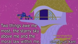 Size: 800x450 | Tagged: safe, artist:wisdomhoof, edit, edited screencap, screencap, princess luna, pony, a canterlot wedding, g4, my little pony: friendship is magic, female, immanuel kant, night, quote, solo, telescope, text, tower