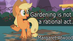 Size: 800x450 | Tagged: safe, artist:wisdomhoof, edit, edited screencap, screencap, applejack, earth pony, pony, g4, my little pony: friendship is magic, sweet and elite, dirt, female, mud, muddy hooves, quote, solo, text