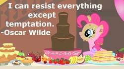 Size: 800x450 | Tagged: safe, edit, edited screencap, screencap, pinkie pie, earth pony, pony, a bird in the hoof, g4, apple, cake, cherry, chocolate, chocolate fountain, female, food, grapes, messy, orange, pie, pineapple, quote, solo, strawberry, text