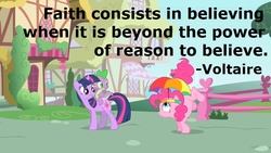 Size: 800x450 | Tagged: dead source, safe, artist:wisdomhoof, edit, edited screencap, screencap, pinkie pie, spike, twilight sparkle, dragon, earth pony, pony, unicorn, feeling pinkie keen, g4, caption, dragons riding ponies, female, hat, male, mare, quote, riding, spike riding twilight, text, umbrella hat, unicorn twilight