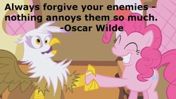 Size: 800x450 | Tagged: dead source, safe, artist:wisdomhoof, edit, edited screencap, screencap, gilda, pinkie pie, griffon, g4, griffon the brush off, quote, text