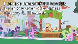 Size: 800x450 | Tagged: safe, artist:wisdomhoof, edit, edited screencap, screencap, applejack, berry punch, berryshine, chilly puddle, daisy, dusky grape, flower wishes, earth pony, pony, g4, the ticket master, apple, apple stand, background pony, female, food, mare, quote, text