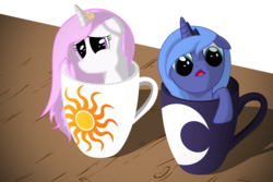 Size: 3000x2004 | Tagged: safe, artist:bednarowski, princess celestia, princess luna, pony, g4, cewestia, cup of pony, cute, cutelestia, drink, duo, filly, lunabetes, micro, mug, pink-mane celestia, royal sisters, siblings, simple background, sisters, transparent background, woona