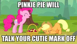 Size: 1326x762 | Tagged: safe, screencap, applejack, pinkie pie, earth pony, pony, g4, season 2, the last roundup, animation error, cherry, chimicherrychanga, eyes closed, image macro, meme, missing cutie mark