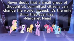 Size: 800x450 | Tagged: safe, artist:wisdomhoof, edit, edited screencap, screencap, applejack, fluttershy, pinkie pie, rainbow dash, rarity, twilight sparkle, friendship is magic, g4, castle of the royal pony sisters, ei, hub logo, mane six, quote, text