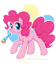Size: 700x800 | Tagged: safe, artist:onnanoko, pinkie pie, earth pony, pony, g4, cute, cutie mark background, diapinkes, female, mare, noisemaker, party horn, simple background, solo, transparent background