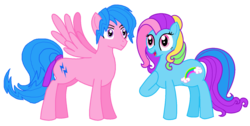 Size: 1024x515 | Tagged: safe, artist:itoruna-the-platypus, firefly, rainbow dash, rainbow dash (g3), earth pony, pegasus, pony, g1, g3, g4, duo, duo male and female, female, firefly (rule 63), g1 to g4, g3 to g4, generation leap, male, mare, rule 63, simple background, spread wings, stallion, transparent background, wings