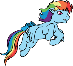 Size: 1017x919 | Tagged: dead source, safe, artist:alisonwonderland1951, rainbow dash, pegasus, pony, g1, g4, bow, female, flying, g4 to g1, generation leap, mare, simple background, tail bow, transparent background