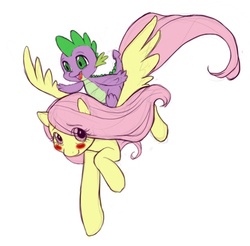 Size: 500x492 | Tagged: safe, artist:misskatto, artist:vaidg, fluttershy, spike, dragon, pony, g4, age difference, baby, baby dragon, colored, cute, dragons riding ponies, duo, duo male and female, female, flying, male, riding, ship:flutterspike, shipping, shyabetes, spikabetes, spike riding fluttershy, spikelove, straight, wrong eye color
