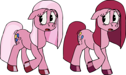 Size: 900x536 | Tagged: safe, artist:colossalstinker, pinkie pie, pinkie pie (g3), earth pony, pony, g3, g4, comparison, female, g3 to g4, generation leap, mare, pinkamena diane pie, simple background, transparent background