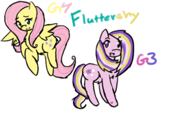 Size: 676x452 | Tagged: safe, artist:cottoncandyari123, fluttershy, fluttershy (g3), pegasus, pony, g3, g4, duo, duo female, female, g3 to g4, generation leap, mare, simple background, time paradox, transparent background