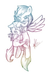 Size: 520x778 | Tagged: safe, artist:nolycs, rainbow dash, scootaloo, g4, blushing, monochrome, noogie, one eye closed, pencil drawing, scootalove, tongue out, traditional art