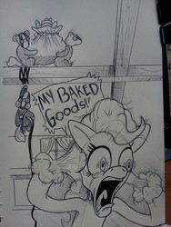 Size: 960x1280 | Tagged: safe, artist:blue-von, pinkie pie, badger, g4, hair pulling, screaming, sketch, stealing