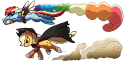 Size: 2000x1000 | Tagged: dead source, safe, artist:shufflestripes, applejack, rainbow dash, cyborg, g4, cape, clothes, jetpack, steampunk