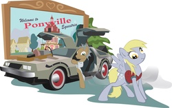 Size: 1755x1102 | Tagged: safe, artist:devinian, derpy hooves, pegasus, pony, g4, back to the future, car, delorean, doc brown, female, mare, parody, ponified, ponyville
