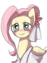Size: 550x733 | Tagged: safe, artist:mentik, fluttershy, pegasus, pony, g4, alternate hairstyle, blushing, clothes, crying, dress, female, happy, looking at you, mare, simple background, solo, tears of joy, teary eyes, wedding dress, white background