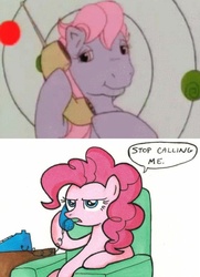 Size: 740x1024 | Tagged: safe, screencap, clover (g1), pinkie pie, earth pony, pony, g1, g4, my little pony tales, shop talk, exploitable meme, female, meme, phone meme, stop calling me