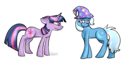 Size: 1024x538 | Tagged: safe, artist:redeh, trixie, twilight sparkle, pony, unicorn, g4, angry, duo, duo female, female, mare, simple background, smiling, tongue out, transparent background, unicorn twilight