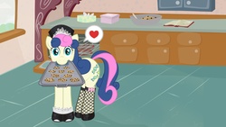 Size: 4859x2733 | Tagged: safe, artist:minimoose772, bon bon, sweetie drops, earth pony, pony, g4, bon bon's baking cookies girls, clothes, cookie, female, fishnet stockings, heart, maid, mare, mouth hold, pictogram, solo