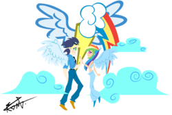 Size: 900x605 | Tagged: safe, artist:sebastieng, rainbow dash, soarin', human, g4, cutie mark, female, flying, holding hands, humanized, male, old cutie mark, ship:soarindash, shipping, simple background, straight, transparent background, winged humanization, wings