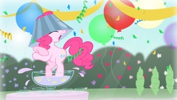 Size: 4859x2733 | Tagged: safe, artist:minimoose772, pinkie pie, earth pony, pony, g4, ponyville confidential, balloon, bipedal, dancing, female, hat, lampshade, lampshade hat, mare, punch (drink), punch bowl, scene interpretation, solo