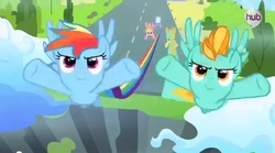 Size: 632x352 | Tagged: safe, screencap, cloudchaser, lightning dust, meadow flower, rainbow dash, sunshower raindrops, g4, season 3, wonderbolts academy, flying, hub logo