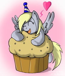 Size: 1024x1187 | Tagged: safe, artist:blayaden, derpy hooves, pegasus, pony, g4, birthday, cute, female, giant muffin, hat, heart, hug, impossibly large muffin, mare, muffin, party hat, that pony sure does love muffins