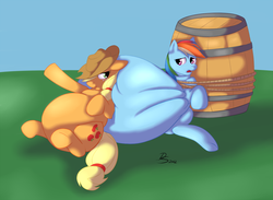 Size: 1280x939 | Tagged: safe, artist:drumstickpony, applejack, rainbow dash, earth pony, pegasus, pony, g4, applefat, belly, big belly, fat, female, inflation, mare, rope, stuffing, weight gain