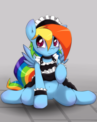 Size: 2000x2500 | Tagged: safe, artist:grumblepluck, rainbow dash, pegasus, pony, g4, belly button, blushing, clothes, female, maid, mare, rainbow maid, skirt, skirt lift, solo, upskirt