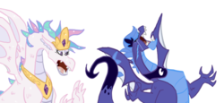 Size: 1280x591 | Tagged: safe, artist:fluttershy123, princess celestia, princess luna, dragon, g4, crying, dragonified, dragonlestia, lunadragon, open mouth, simple background, species swap, transparent background