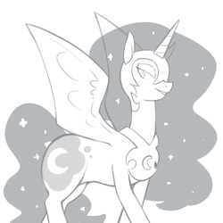 Size: 1000x1000 | Tagged: safe, artist:redintravenous, nightmare moon, alicorn, pony, g4, ethereal mane, female, grayscale, helmet, lidded eyes, looking at you, mare, monochrome, open mouth, peytral, simple background, solo, spread wings, white background, wings