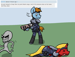 Size: 846x641 | Tagged: safe, artist:joehoofer, oc, oc only, oc:joe hoofer, alien, pony, unicorn, accident, blood, dead, gun, sectoid, tongue out, weapon, x eyes, x-com