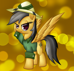 Size: 1004x965 | Tagged: safe, artist:n1de, daring do, pegasus, pony, g4, clothes, female, hat, looking at you, mare, solo, spread wings, wings