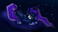 Size: 1479x812 | Tagged: safe, artist:n1de, princess luna, pony, g4, female, prone, solo