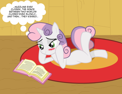 Size: 3300x2550 | Tagged: safe, artist:cresentbladedbrony, sweetie belle, pony, g4, anatomically incorrect, blushing, book, female, incorrect leg anatomy, reading, solo