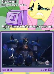 Size: 701x960 | Tagged: safe, fluttershy, pony, g4, death, dreadwing, exploitable meme, fluttercry, hub logo, meme, transformers, tv meme