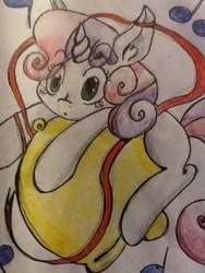 Size: 720x960 | Tagged: safe, artist:honorandpride, sweetie belle, pony, g4, bell, female, pun, solo, sweetie bell