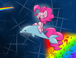 Size: 1300x1000 | Tagged: safe, artist:lemon-heartss, pinkie pie, dolphin, earth pony, pony, g4, abstract background, eyes closed, happy, nyan cat, rainbow, riding, smiling, surreal