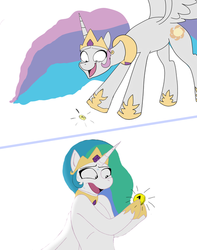 Size: 505x640 | Tagged: safe, artist:php199, edit, princess celestia, princess molestia, g4, bits, comic, looking down, open mouth, penny pincher, simple background, smiling, spread wings, sweat, wat, white background