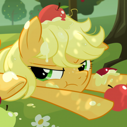 Size: 300x300 | Tagged: safe, artist:equestria-prevails, applejack (g1), g1, g4, annoyed, apple, applejack is not amused, cropped, food, solo, unamused