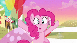 Size: 500x281 | Tagged: safe, edit, edited screencap, screencap, pinkie pie, earth pony, pony, g4, the super speedy cider squeezy 6000, animated, balloon, bipedal, excited, female, flailing, hub logo, hummingbird wave, loop, open mouth, solo, tent