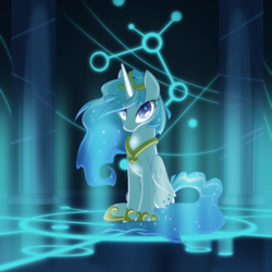 Size: 2025x2025 | Tagged: safe, artist:equestria-prevails, galaxy (g1), majesty, oc, oc:princess galaxia, alicorn, pony, g1, g4, alicornified, black islands, crown, ethereal mane, female, glowing, hoof shoes, jewelry, looking at you, mare, peytral, race swap, regalia, sitting, solo, starry mane