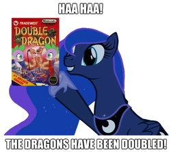 Size: 622x552 | Tagged: safe, artist:pinkiepizzles, princess luna, spike, g4, double dragon, image macro, pun, the fun has been doubled