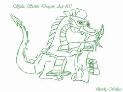 Size: 797x599 | Tagged: safe, artist:quirkywallace, spike, dragon, g4, glasses, male, monochrome, older, older spike, quill, scribe, scroll, simple background, solo, white background