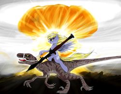 Size: 1124x878 | Tagged: safe, artist:madhotaru, derpy hooves, dinosaur, pegasus, pony, velociraptor, g4, badass, bridle, epic derpy, explosion, female, mare, mushroom cloud, nuclear weapon, open mouth, ponies riding dinosaurs, riding, rpg, rpg-7, smirk, spread wings