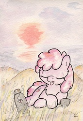 Size: 731x1068 | Tagged: safe, artist:slightlyshade, berry punch, berryshine, earth pony, pony, g4, beach, female, solo, sunset, tea, traditional art